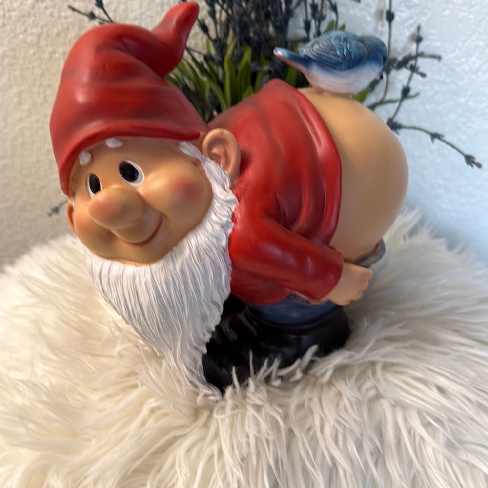 Festive Red Gnome with Bluebird
